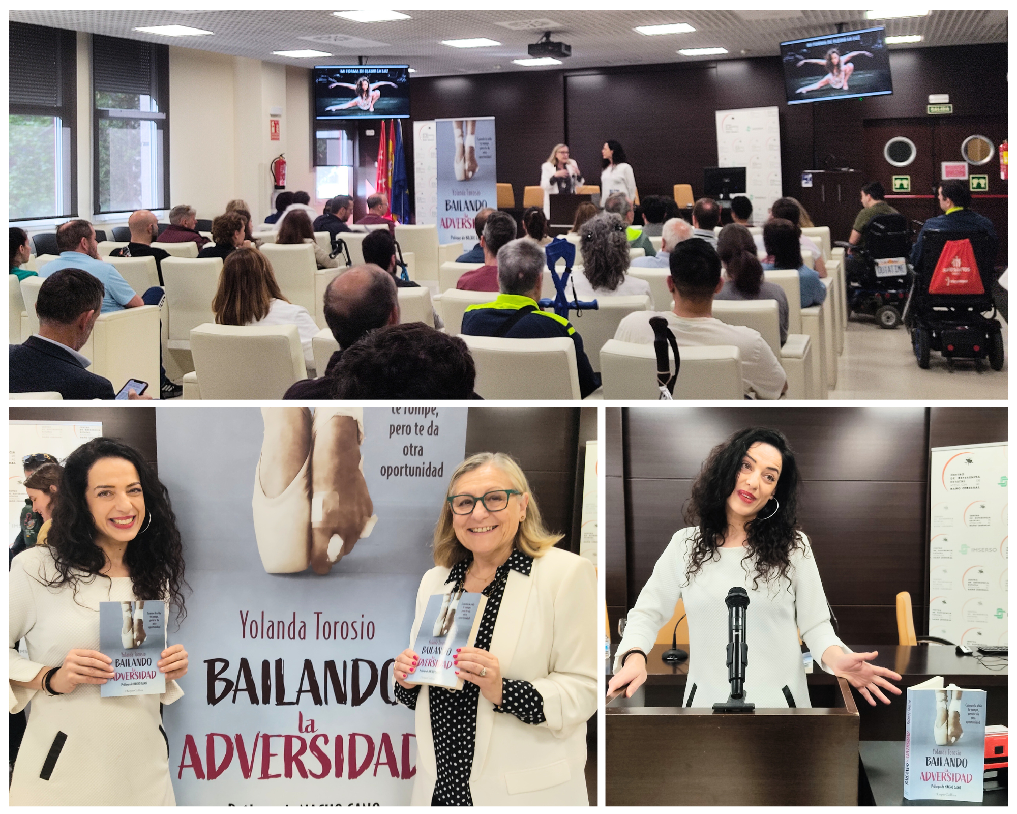 Collage con varias fotos del evento. Arriba asistentes al evento sentados en el salón de actos. Abajo a la izquierda Yolanda Torosio posando junto a Inmaculada Gómez Pastor. Abajo a la derecha Yolanda Torosio hablando de su libro. Collage del evento.